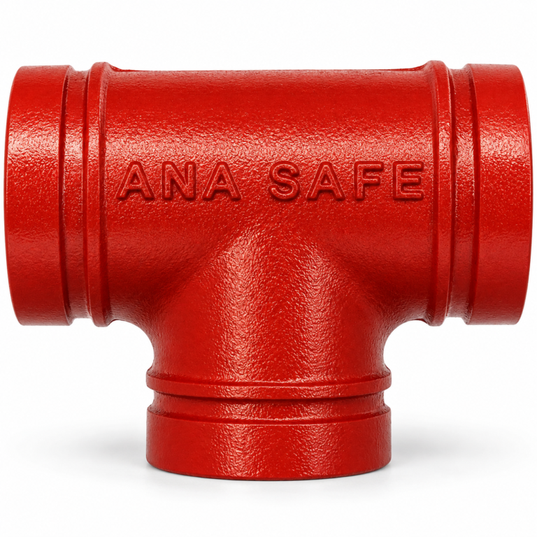 سه راه گروود/ ویکتالیک سه‌راهی گروود قرمز ANA SAFE از چدن داکتیل با پوشش اپوکسی آبی، مناسب سیستم‌های لوله‌کشی صنعتی، انتقال آب و تأسیسات مکانیکی، عکاسی استودیویی با پس‌زمینه سفید