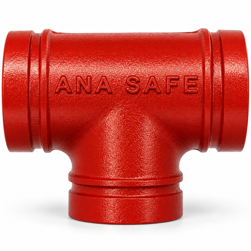 سه راه گروود/ ویکتالیک سه‌راهی گروود قرمز ANA SAFE از چدن داکتیل با پوشش اپوکسی آبی، مناسب سیستم‌های لوله‌کشی صنعتی، انتقال آب و تأسیسات مکانیکی، عکاسی استودیویی با پس‌زمینه سفید